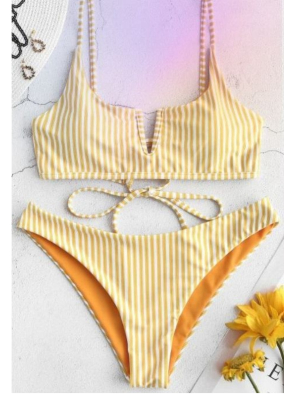 Zaful Yellow White Striped Bikini Set Laceup Cheeky S